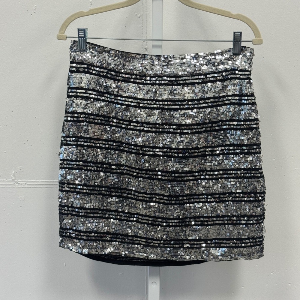 Derek Lam 10 Crosby Silver Sequin Striped Silk Mini Skirt Size 6 Holiday Party